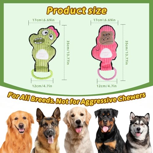 2-Pack Crinkle and Squeaky Dog Toys & Tough Tug of War Set - No Stuffing Chew-Resistant Plush Toys to Keep Them Busy, Best Birthday Gift for Small/Medium/Large Breeds (Dino & Gorilla) - color: Dino & Gorilla