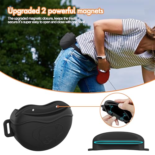 Dog Treat Pouch - Premium Silicone - Upgrade 4 Strong Magnets Enhanced Magnetic Closure, Adjustable Waist Belt - Ideal for Puppy Training and Outdoor Walks - Black - color: Black