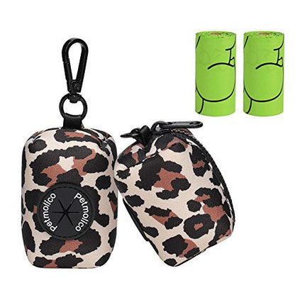 Petmolico Dog Poop Bag Holder Leash Attachment, Waste Bag Dispenser Zippered Pouch, Fits Any Leash, Includes Free Roll of Bags, 2 Pack - Leopard - color: Leopard