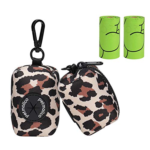 Petmolico Dog Poop Bag Holder Leash Attachment, Waste Bag Dispenser Zippered Pouch, Fits Any Leash, Includes Free Roll of Bags, 2 Pack - Leopard - color: Leopard
