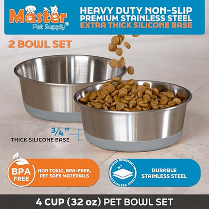 Master Pet Supply Stainless Steel Dog Bowls Set of 2 with Extra Thick Silicone Base - 4 Cup (32 oz) Graphite, Non-Slip, Dishwasher Safe Metal Bowls, Pet Dog Food Bowl for Dogs, Cats, Anti Rust - color: Graphite, size: 4 Cups (32 oz) 2 Pack