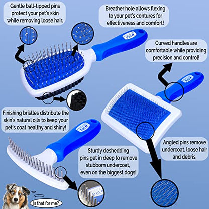 6 In 1 Premium Dog Brush Set - Dog Grooming Brushes - Ball Pin & Bristle Brush, Curved Blade Dematting Comb, Slicker Brush, Deshedding Edge Comb, Detangling Pet Comb