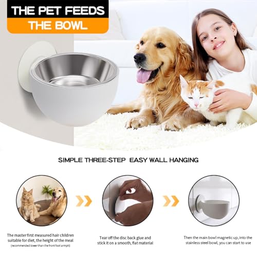 Wall Mounted Pet Bowls - Elevated Pet Bowl Magnetic Dog Food Bowls, Elevated Cat Serveware | Black, White, Stainless Steel + PP Wall Mount Raised Puppy Food Bowl Dishwasher Safe for Pets Feeding - color: White