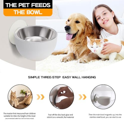 Wall Mounted Pet Bowls - Elevated Pet Bowl Magnetic Dog Food Bowls, Elevated Cat Serveware | Black, White, Stainless Steel + PP Wall Mount Raised Puppy Food Bowl Dishwasher Safe for Pets Feeding - color: White
