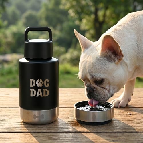 Dog Water Bottle 32oz, Insulated Stainless Steel Travel Water Dispenser with 2 Detachable Dog Bowls for Food and Water, Leak Proof Portable Pet Drinking Cup for Walking Hiking Camping - color: black dog dad