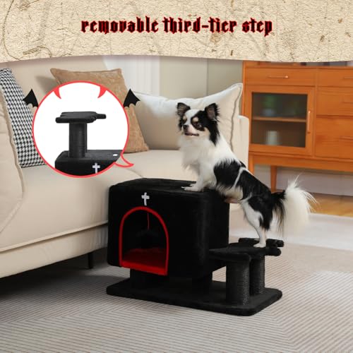 Gothic 3-in-1 Dog Stairs & Cat Scratching Post with Condo - Pet Steps for High Beds, Sofa & Couch, 3-Tier Cat Tower with Sisal Scratching Pad for Small Dogs, Cats & Kittens, Black - color: Black