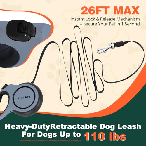 Retractable Dog Leash, 26ft Heavy Duty Retractable Pet Leash with Poop Bag Holder, 360° Tangle-Free for Small Medium Large Dogs Up to 110lbs, Anti-Slip Handle,One-Handed Brake Pause Lock（Gray） - color: Gray, size: 26ft up to 110lbs