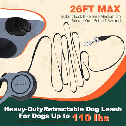 Retractable Dog Leash, 26ft Heavy Duty Retractable Pet Leash with Poop Bag Holder, 360° Tangle-Free for Small Medium Large Dogs Up to 110lbs, Anti-Slip Handle,One-Handed Brake Pause Lock（Gray） - color: Gray, size: 26ft up to 110lbs
