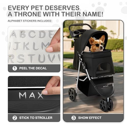 MoNiBloom Foldable Pet Stroller with Weather Cover, 3 Wheels Pet Strolling Cart for Small/Medium Dogs and Cats with Storage Basket and Cup Holder, Breathable and Visible Mesh for All-Season, Black - color: Black