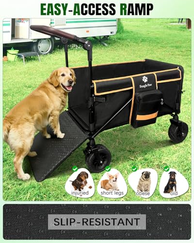 Snagle Paw Dog Wagon for Medium Large Dogs up to 120lbs | All Terrain Foldable Large Pet Stroller with Ramp & Tailgate (Extra Space), Dog Wagon Cart Adjustable Handle & One-Step Brake - color: orange