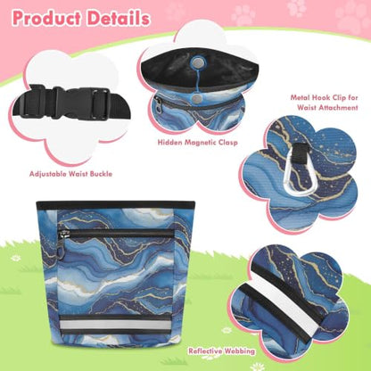 Marble Waves Water-Resistant Dog Treat Pouch, 3 Ways to Wear Treat Bag with Magnetic Closure & Reflective Strip, Hands-Free for Pet Training, Walking