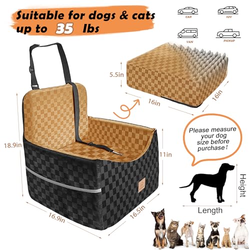 Dog Car Seat for Small and Medium Dogs Up to 35 lbs –Memory Foam Dog Booster Seat with Safety Leash & Storage Pockets, Fits Front & Back Car Seats, Removable Washable Cover – Black & Brown - color: Small-Black/brown