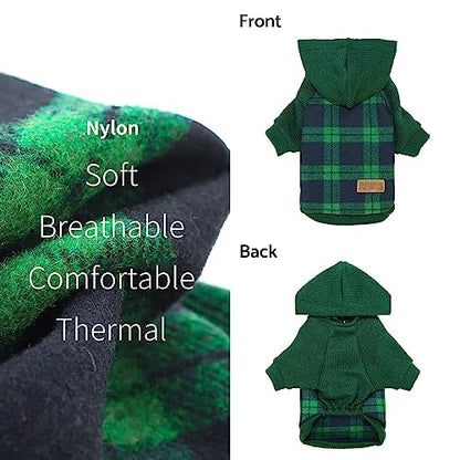 Fitwarm Tartan Plaid Dog Hoodie, Knitted Dog Clothes for Small Dogs Boy, Pet Sweater with Hood, French Bulldog Winter Outfit, Green, Large - color: Green, size: Large