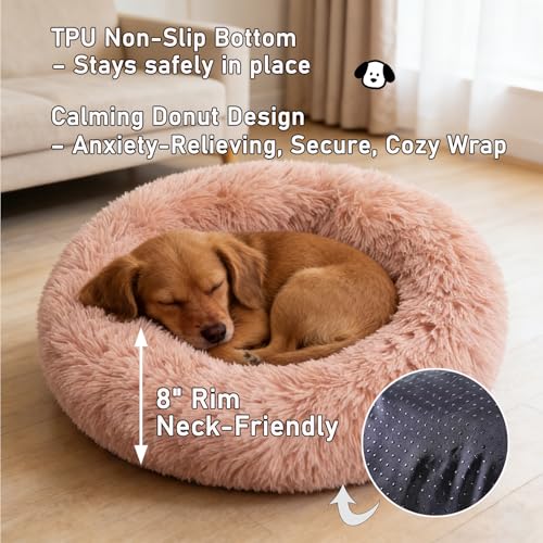 Calming Donut Dog Beds Large Sized Dog - Washable Removable Cover Non-Slip, Round Pet Bed Warming Fluffy Plush Faux Fur Anti-Anxiety Thick Cushion, Fits up to 80 lbs (Blush, 36") - color: Blush, size: 36"L x 36"W x 8"Th