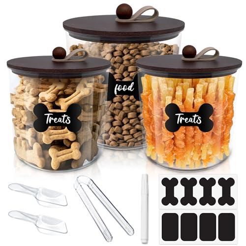 HOYTAMDAR 3 Pack Airtight Dog Treat Containers with Bamboo Lids, Dog Treat Jars with Scoops, Clamps, Labels and Marker, Dog & Cat Treat Holder, Brown - color: Brown - 3 Pack