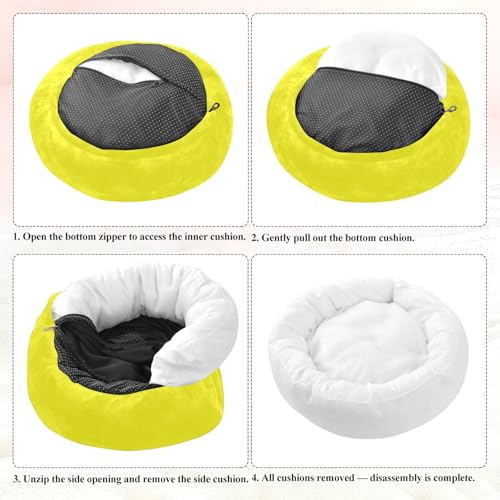 Sunny Yellow Solid Color Calming Dog Bed for Cats & Small Medium Dogs, Washable Plush Round Donut Pet Bed with Soft Raised Rim, 16 inches Warm Anti-Slip Cushio - size: 16 inch