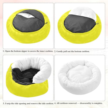 Sunny Yellow Solid Color Calming Dog Bed for Cats & Small Medium Dogs, Washable Plush Round Donut Pet Bed with Soft Raised Rim, 16 inches Warm Anti-Slip Cushio - size: 16 inch