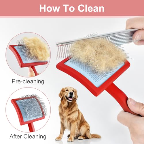 Slicker Brush for Dogs, Slicker Brush for Doodles Long Haired Dog, Goldendoodle Long Pin Detangler for Dematting, Dog Slicker Brushes for Grooming (Large Curved)(Red)