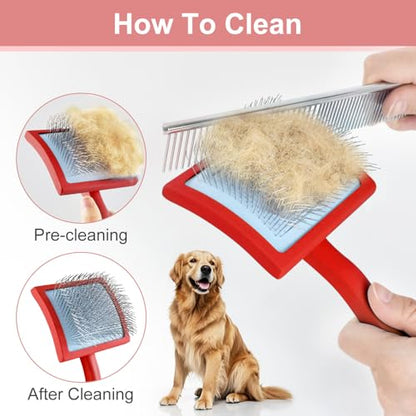 Slicker Brush for Dogs, Slicker Brush for Doodles Long Haired Dog, Goldendoodle Long Pin Detangler for Dematting, Dog Slicker Brushes for Grooming (Large Curved)(Red)