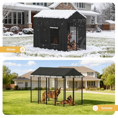 Dog Kennel Cover Outdoor 8'Dx4'Wx6'H for Large Dog Cages, Full Coverage 1200D Heavy Duty Waterproof with Transparent PVC Window (Cover Only)