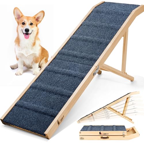 2026 Upgraded Dog Ramp for Bed, 63" Long Foldable Pet Ramp for Small Large Dogs, Dog Ramps for High Beds Car, High Traction with Platform 6 Adjustable Heights 24" to 30" Up to 220LBS, Wood - color: Wood, size: 63"X 17inch