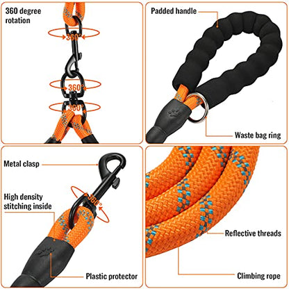 Double Dog Leash Reflective Detachable Coupler &360° Swivel Tangle Free, Heavy Duty Rope Leash Control with Padded Handle for Dual Large Medium Dogs Walking Running Training (Orange) - color: Orange