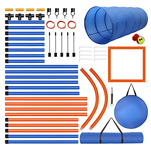 Dog Agility Training Equipment, 60-piece Dog Obstacle Course Training Starter Kit Pet Outdoor Game with Tunnel, Agility Hurdle, Weave Poles, Jump Ring, Pause Box, Toy Balls and Storage Bag - size: 5 PCS SET with Tunnel