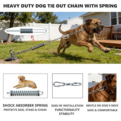 Heavy Duty Dog Tie Out Chain with Spring for Yard, 304 Stainless Steel 4MM Chew Proof Metal Leash for Large Dogs, 200lbs Shock Absorbing Dog Runner Cable (1 Spring+Chain/25ft) - size: 1 Spring+Chain/25ft/4MM/200lbs