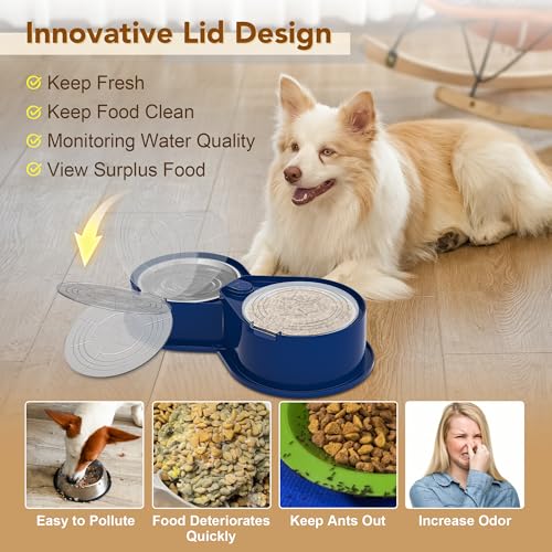 Newget Stainless Steel Dog Bowl Set with Lids, 304 Metal Dual Food & Water Bowls for Dogs & Cats, Large Capacity Pet Feeder with Cover Keeps Food Fresh, Anti-Skid Dog Dish for Small/Medium/Large Pets - color: Blue