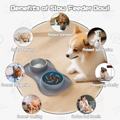 MateeyLife Dog Food and Water Bowl Set 3 in 1, Slow Feeder Dog Bowls & Stainless Steel Water Bowl with Non-Spill Silicone Mat, Cat and Puppy Bowls Pet Dishes for Small Medium Large Breed Anti-Choking - color: Gray, size: Small