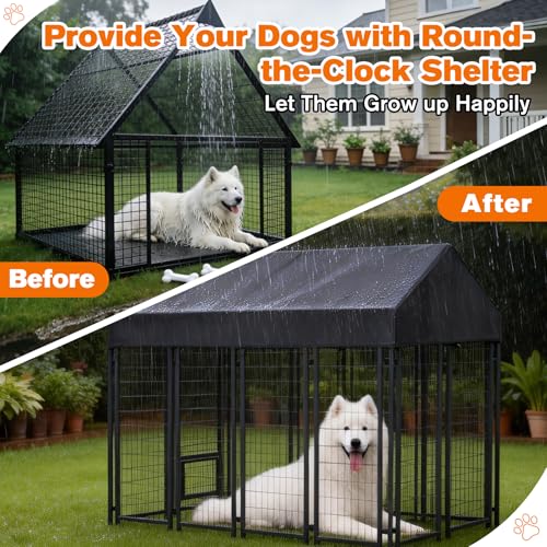 10'W X 10'L Waterproof Dog Kennel Cover Outdoor 600D Oxford Fabric Dog Kennel Roof with Silver UV-Protective Coating for Windproof, Rainproof, Sun-Protective(Covers Only) - size: 120.0"L x 120.0"W x 25.9"H