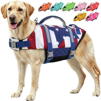EMUST Dog Life Vests, Adjustable XS Dog Life Jacket with Rescue Handle, Puppy Flotation Vest for Small/Medium/Large Dogs, XS, FlagStar - color: FlagStar, size: XS