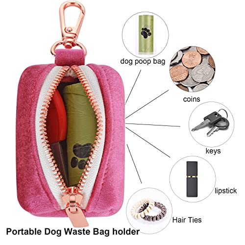 ARING PET Dog Poop Bag Holder, Velvet Doggy Waste Bag Dispenser Attach to Any Leashes, Portable Washable Pet Waste Pouch Dispenser with Metal Zipper - color: A:Rose red