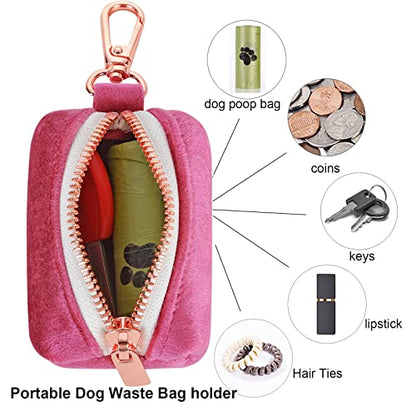 ARING PET Dog Poop Bag Holder, Velvet Doggy Waste Bag Dispenser Attach to Any Leashes, Portable Washable Pet Waste Pouch Dispenser with Metal Zipper - color: A:Rose red