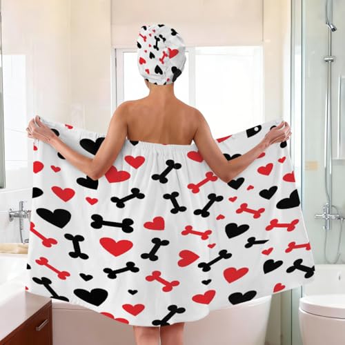 Hearts Dog Bones Microfiber Bathrobe and Hair Towel Wrap Set for Women Quick Dry Shower Towels Wrap Absorbent Soft Bath Robe and Hair Drying Cap for Spa After Shower