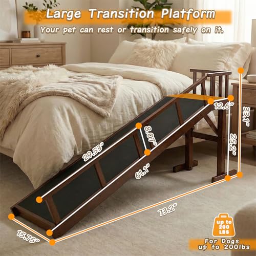 73" Dog Ramp for Bed with Rest Platform & Glow Strips, 20° Gentle Slope, EVA Non-Slip Surface, Removable Safety Rails, Birchwood Solid Wood, for Small, Large & Senior Dogs, Joint Protection, Brown - size: 73.2"L x 25"H x 15.7"W