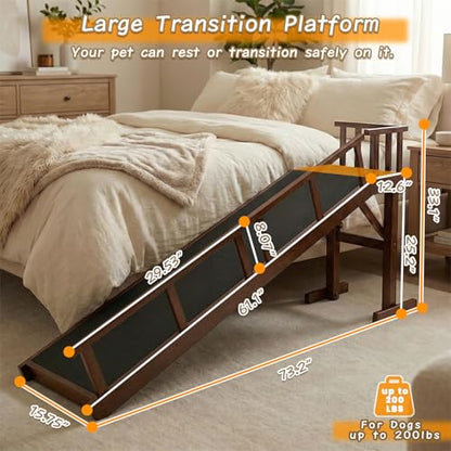 73" Dog Ramp for Bed with Rest Platform & Glow Strips, 20° Gentle Slope, EVA Non-Slip Surface, Removable Safety Rails, Birchwood Solid Wood, for Small, Large & Senior Dogs, Joint Protection, Brown - size: 73.2"L x 25"H x 15.7"W