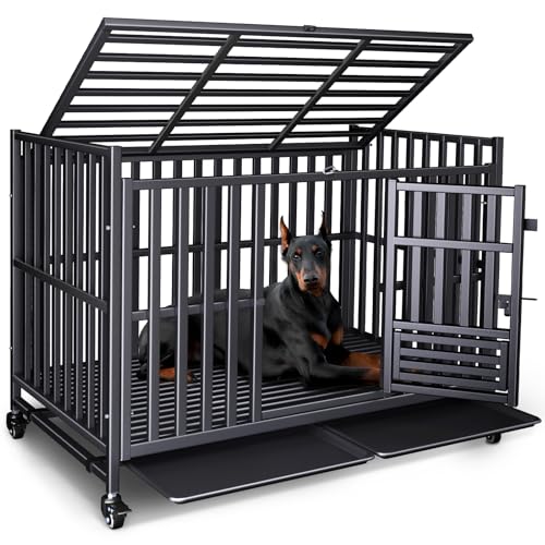 Heavy Duty Dog Crate, Escape-Proof Indestructible Cage for High-Anxiety Dogs, 3-Door Kennel with 4 Lockable Wheels and 2 Removable Trays Ideal for Large & Medium Breeds (49in) - size: 49.0"L x 29.2"W x 37.0"H