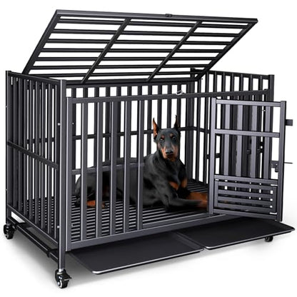 Heavy Duty Dog Crate, Escape-Proof Indestructible Cage for High-Anxiety Dogs, 3-Door Kennel with 4 Lockable Wheels and 2 Removable Trays Ideal for Large & Medium Breeds (49in) - size: 49.0"L x 29.2"W x 37.0"H