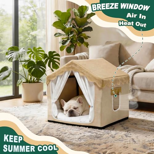 Indoor Dog House, Breeze Pet Tent with Sturdy Frame & Window, Dog Cave Bed with Washable Cover for Cat & Small Dogs (8-20 lb), 18", Cream - size: M (18"×18"×18")