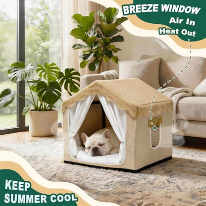 Indoor Dog House, Breeze Pet Tent with Sturdy Frame & Window, Dog Cave Bed with Washable Cover for Cat & Small Dogs (8-20 lb), 18", Cream - size: M (18"×18"×18")