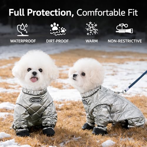 Dog Snowsuit with Attached Boots, Waterproof Insulated Quilted Full Body Suit, Reflective Outdoor Walking Snow Outfit for Small Medium Dogs Cold Weather (Silver, L) - size: L
