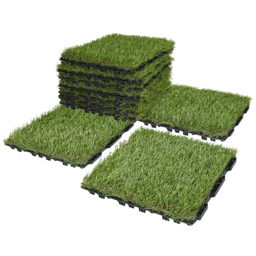 XLX TURF Interlocking Artifical Grass Tiles 18 PCS - 12"x12" Fake Grass Square for Dog Potty Kennel - Indoor Outdoor Turf Self-draining Deck Flooring Decor Balcony Patio - U Shape Buckle System - color: U Shape Lock Tile-green, size: 12"x12"/18 Piece