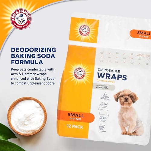 Arm & Hammer Small Male Dog Wraps, Disposable Belly Band Diapers with Baking Soda Odor Control, Super Absorbent Leak Resistant Design for Marking and Incontinence, 12-19 Inch Waist, 12 Count - size: Small
