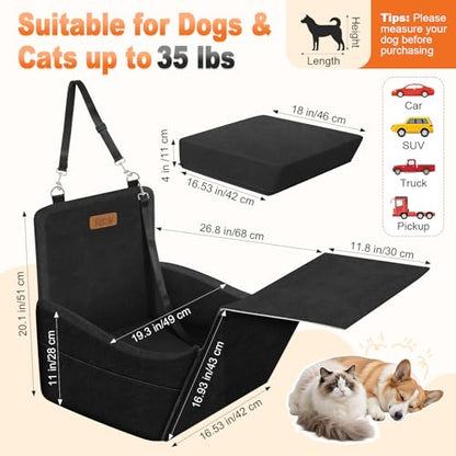 Elevated Dog Car Seat, Dog Booster Car Seats for Small & Medium Breeds Up to 35lbs, Fully Detachable and Washable, Memory Foam Pet Carseat with 2 Storage Pockets & 3 Safety Belts, Black - color: Black