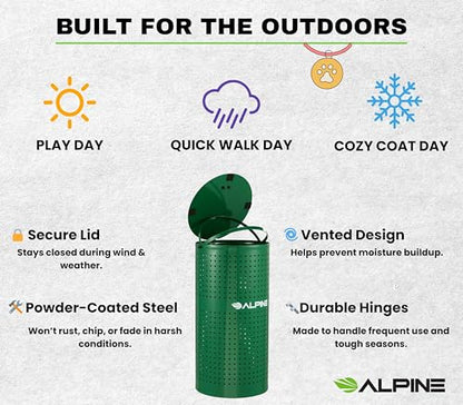 Alpine Dog Waste Station Outdoor - 13.5 Gallon Commercial Green Steel Pet Poop Trash Can for Dog Parks, HOA, Public Areas & Trails