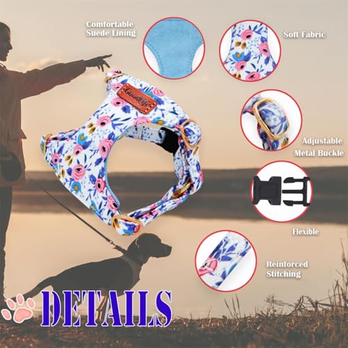 OaaXbbECco No Pull Floral Pattern Puppy Harness,Soft Adjustable Dog Harness Vest and Dog Leash Set No Choke Escape Proof (Blue Rose, XS) - color: Blue Rose, size: XS