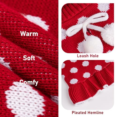 KYEESE Dog Sweater Dress with Leash Hole Small Turtleneck for Girl Dog Sweater Dress Polka Dot Knit Warm Puppy Sweaters with Pom Pom Ball - color: 04# Polkadot (Red), size: X-Small (2-3lbs)