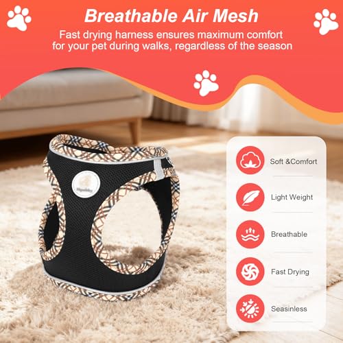 Hipubby Dog Harness Small Sized and Leash Set, No Pull Soft Mesh Puppy Vest, Reflective Breathable Lightweight Pet Harness, Harness for Small Medium Dogs and Cats - Black/Khaki Trim, M - color: Black/Khaki Trim, size: M (Chest: 16.8"-18.5")
