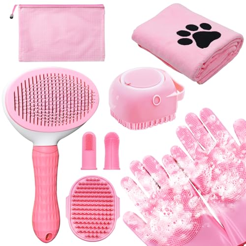 Dog Grooming Kit for Shedding – 8-Piece Pet Grooming Supplies with Deshedding Brush, Bath Gloves, Towels & Silicone Toothbrush | Ideal for Dogs, Cats, Small and Large Pets (Pink) - color: Pink, size: 8 PACK